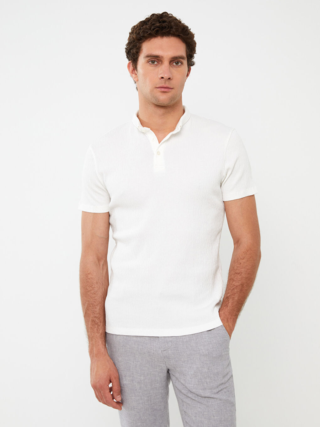 Ekru Polo Yaka Kısa Kollu Erkek Tişört-1