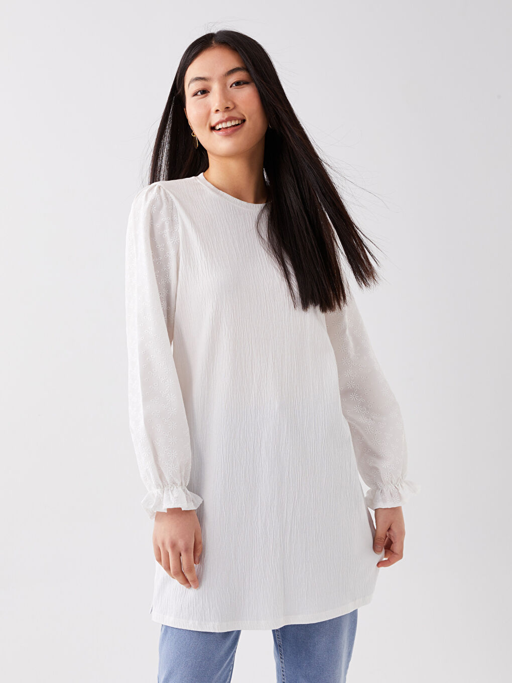 Туника с кръгло деколте, изчистена, дълъг ръкав, овърсайз за жени