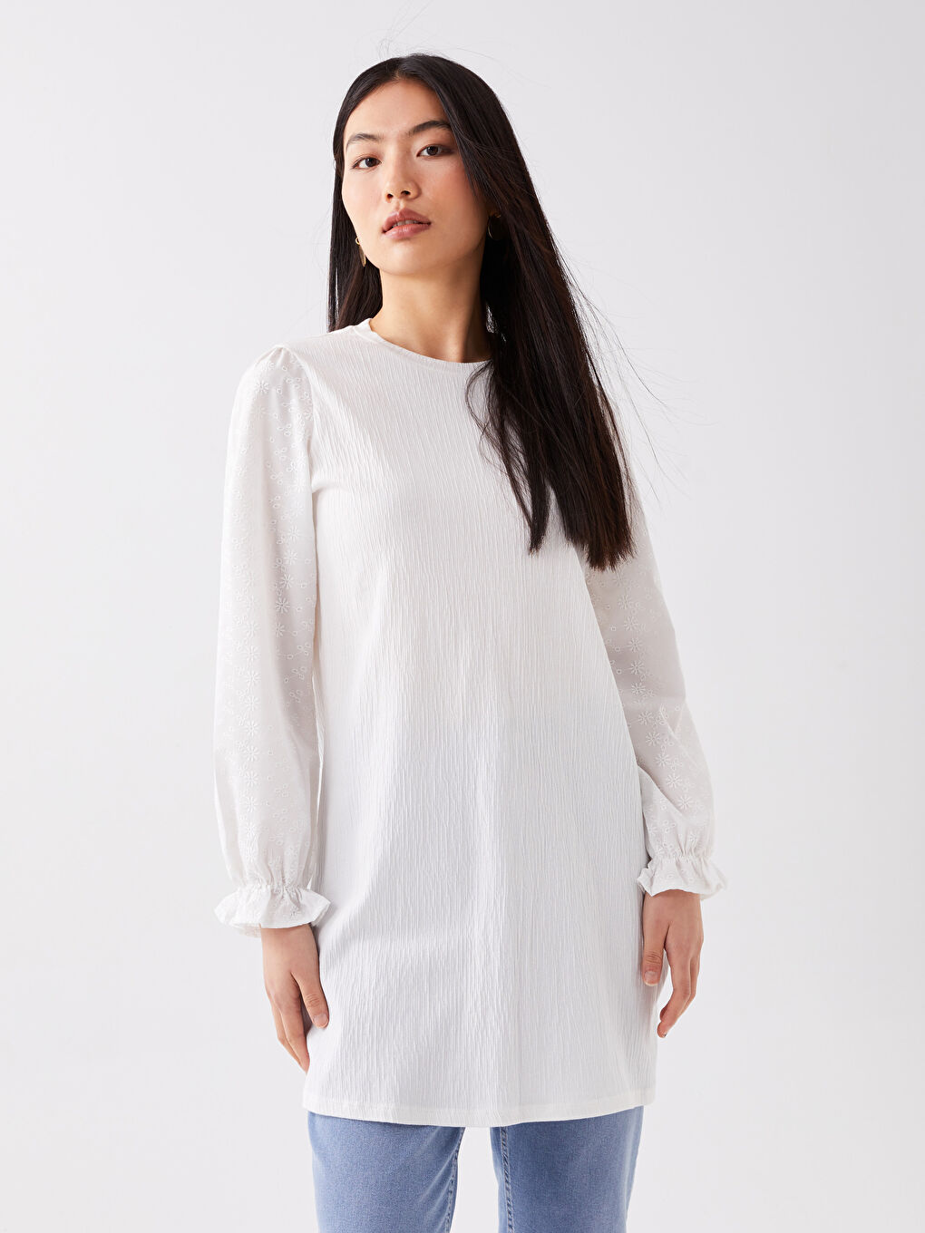 Туника с кръгло деколте, изчистена, дълъг ръкав, овърсайз за жени-1