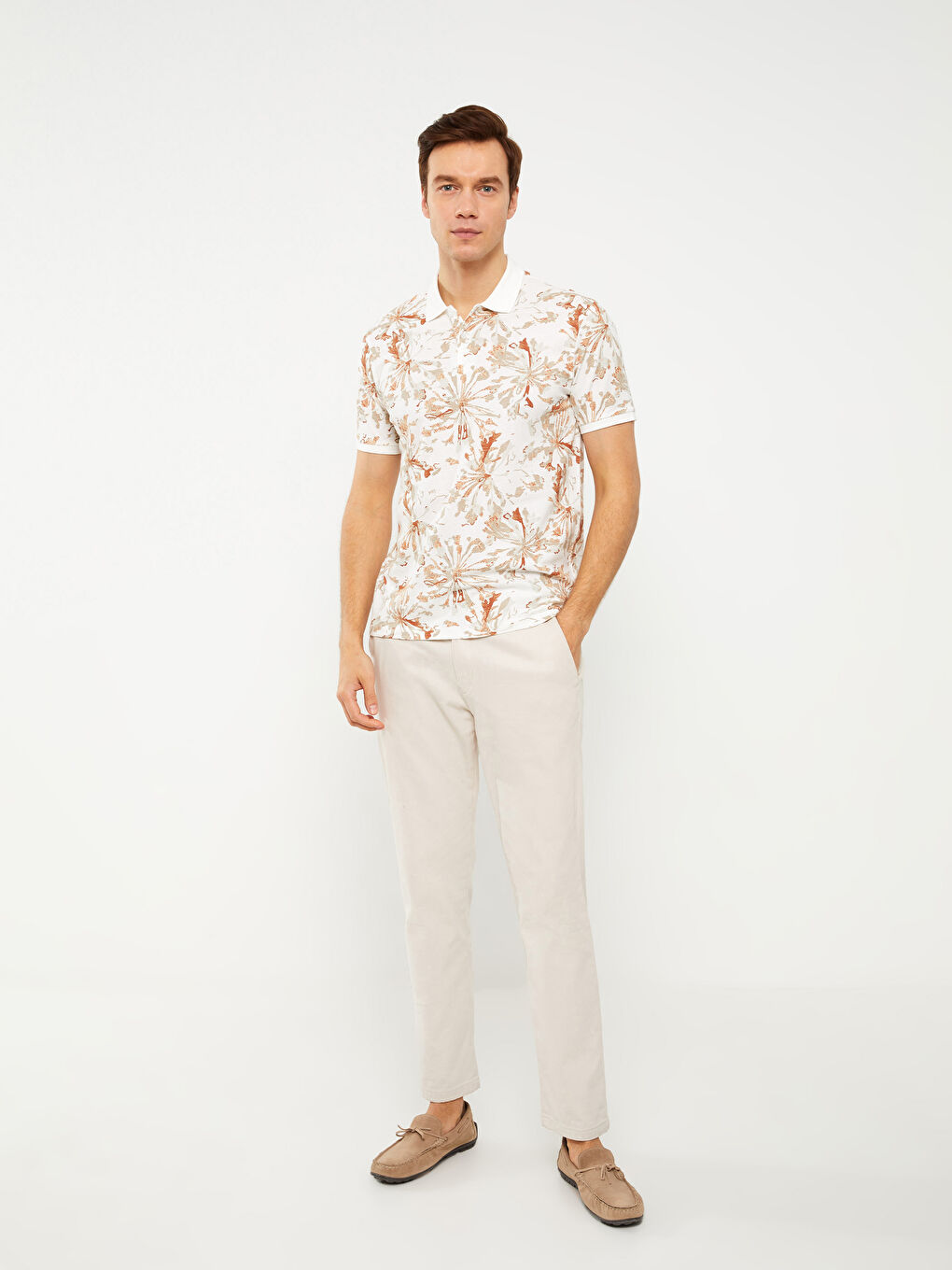 Turuncu Polo Yaka Kısa Kollu Desenli Erkek Tişört-2