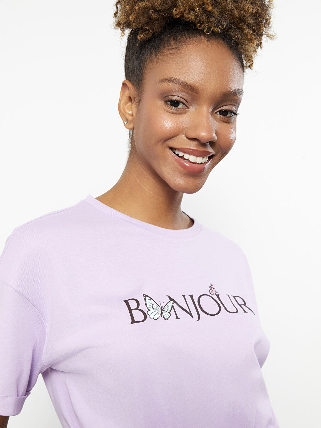 Lila Bisiklet Yaka Baskılı Kısa Kollu Kadın Crop