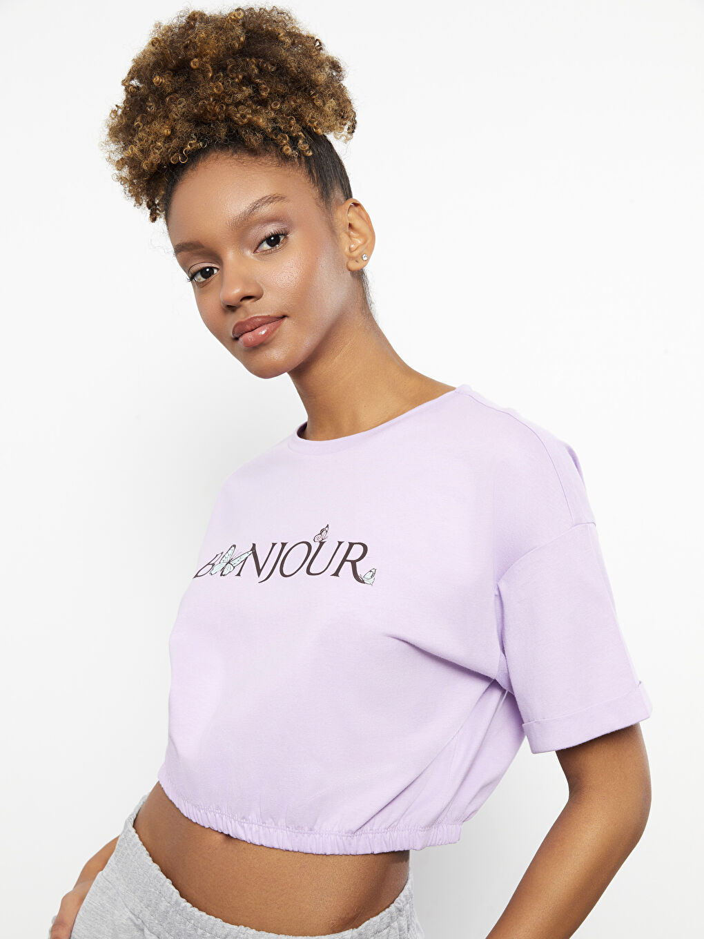 Lila Bisiklet Yaka Baskılı Kısa Kollu Kadın Crop-1