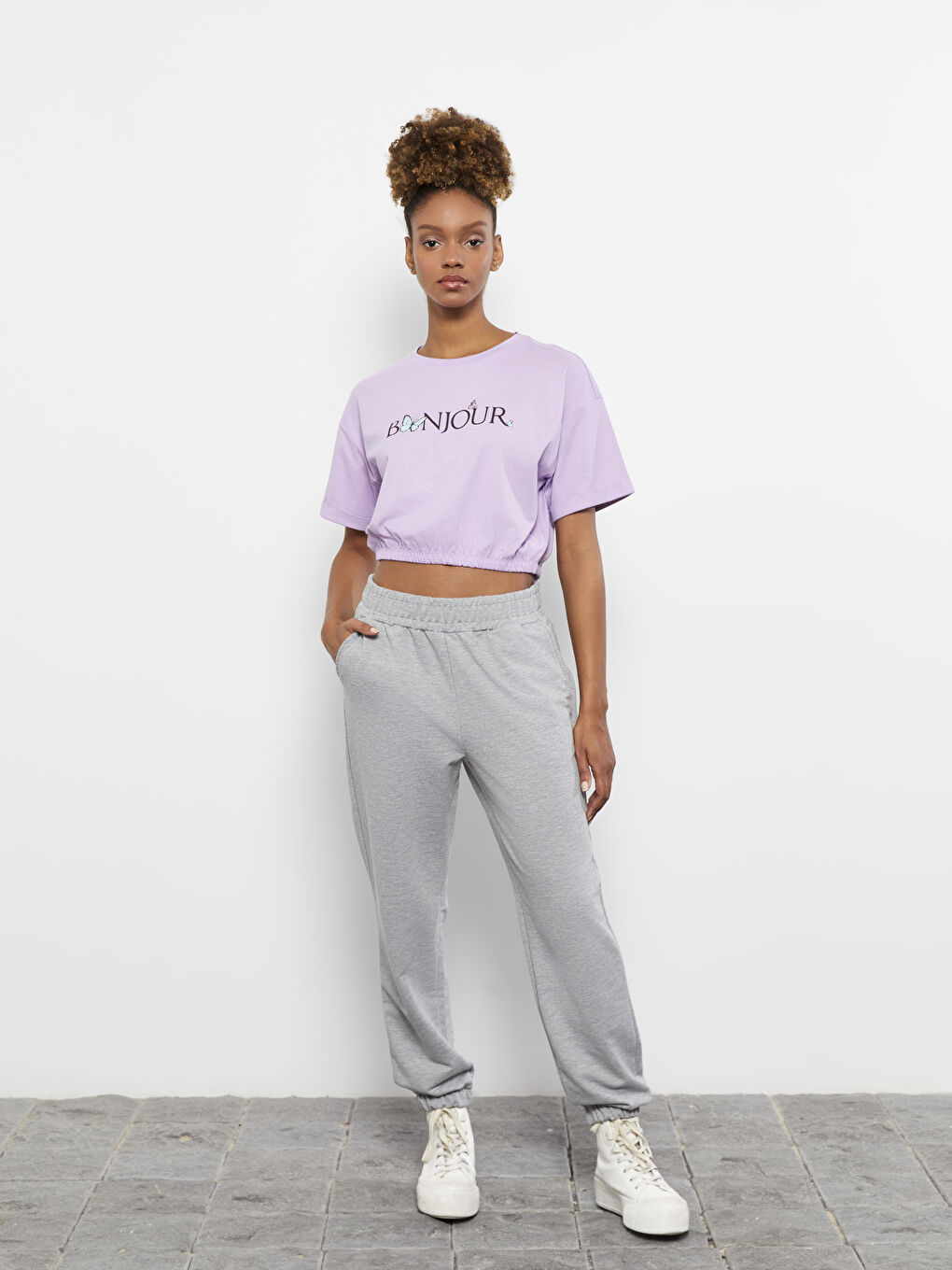 Lila Bisiklet Yaka Baskılı Kısa Kollu Kadın Crop-2