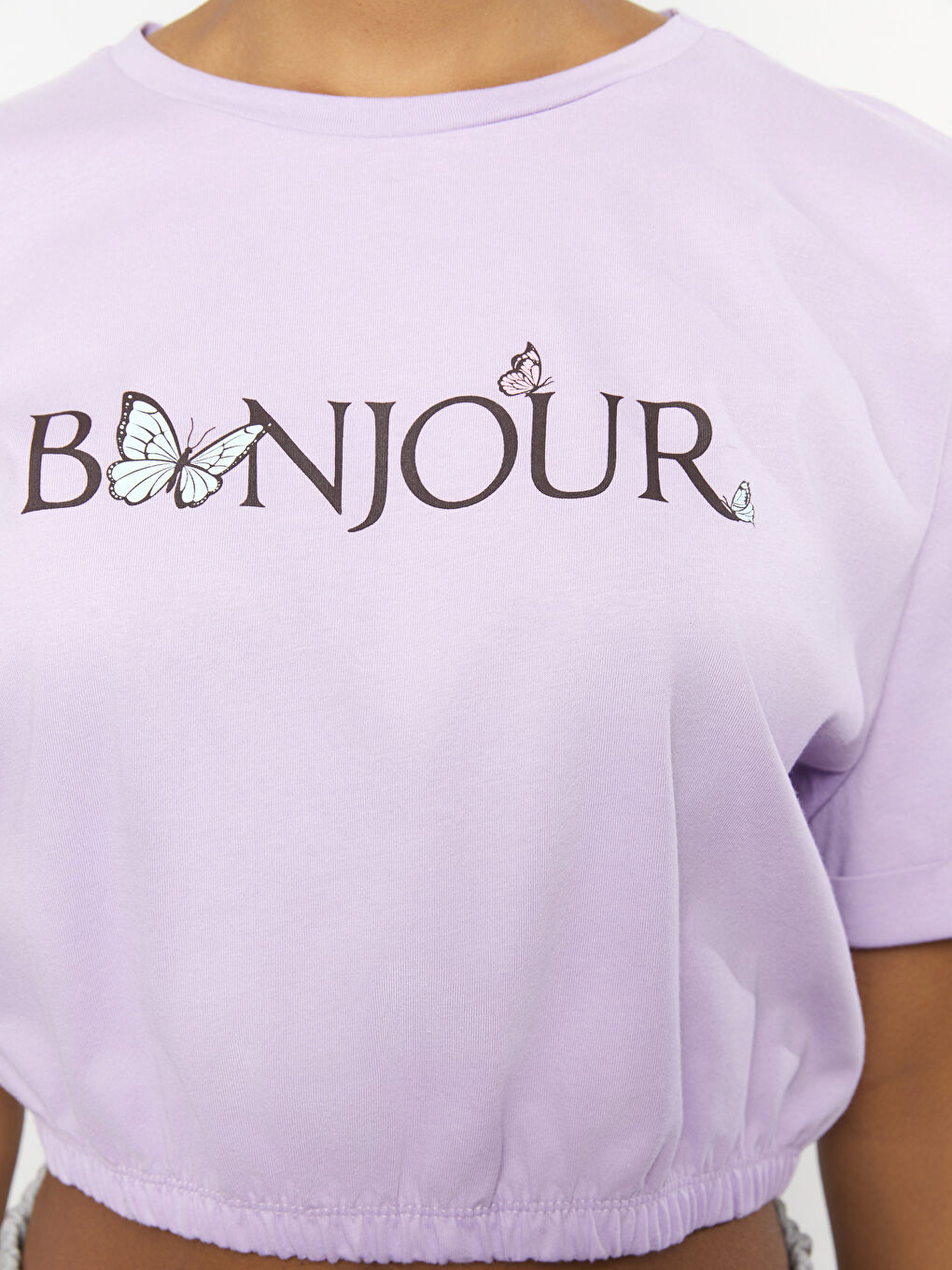 Lila Bisiklet Yaka Baskılı Kısa Kollu Kadın Crop-3