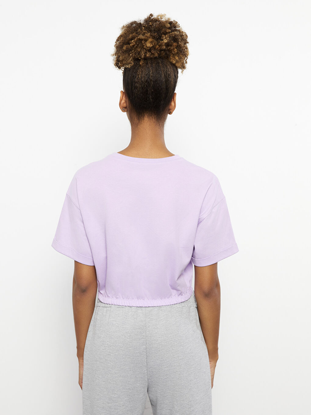 Lila Bisiklet Yaka Baskılı Kısa Kollu Kadın Crop-4