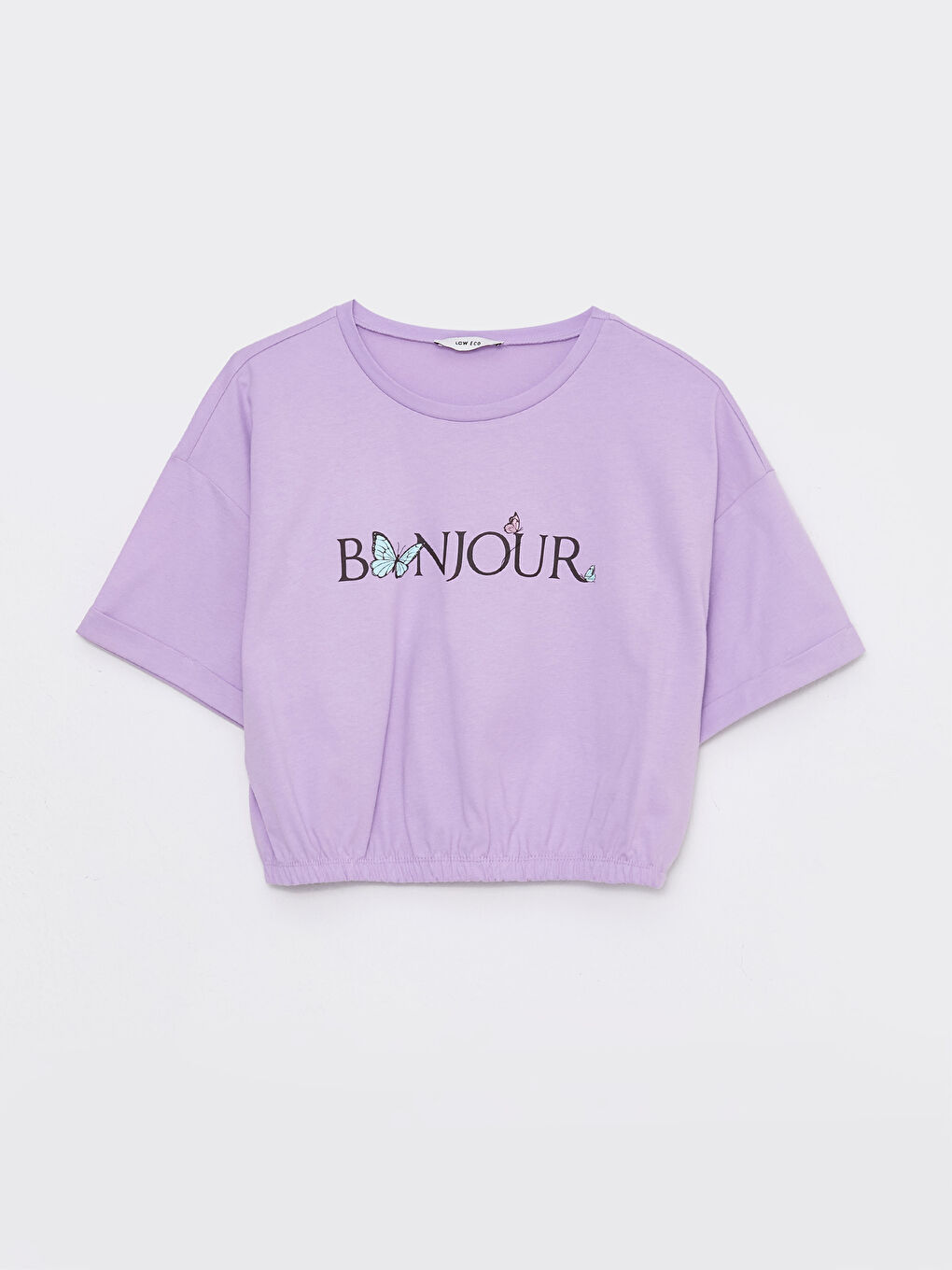 Lila Bisiklet Yaka Baskılı Kısa Kollu Kadın Crop-5