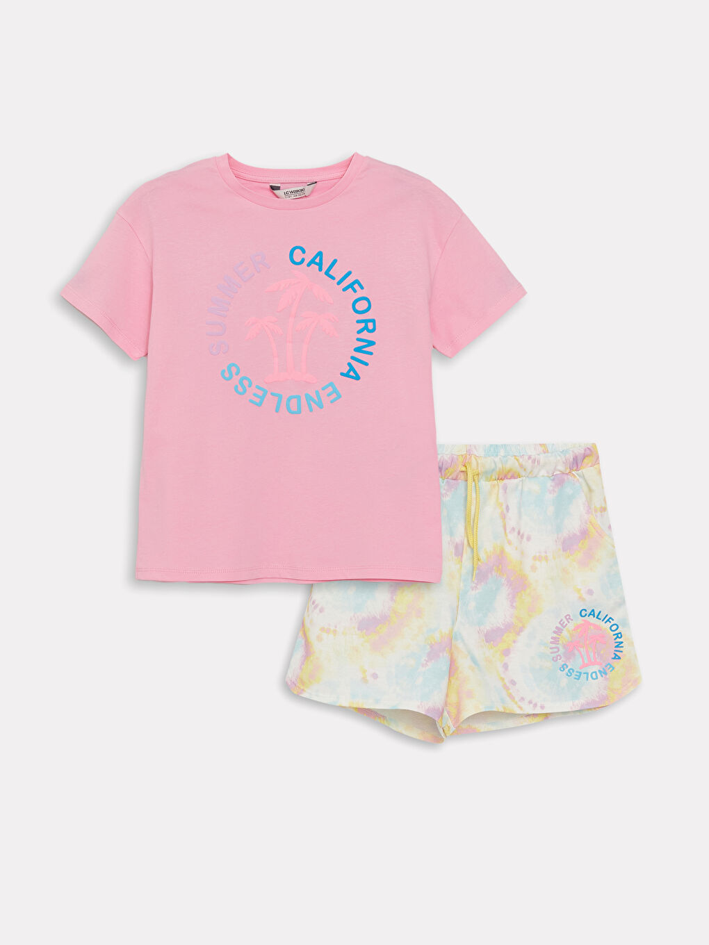 LCW Kids Crew Neck Printed Short Sleeve Girls' T-Shirt and Shorts -S3BD76Z4-GA5