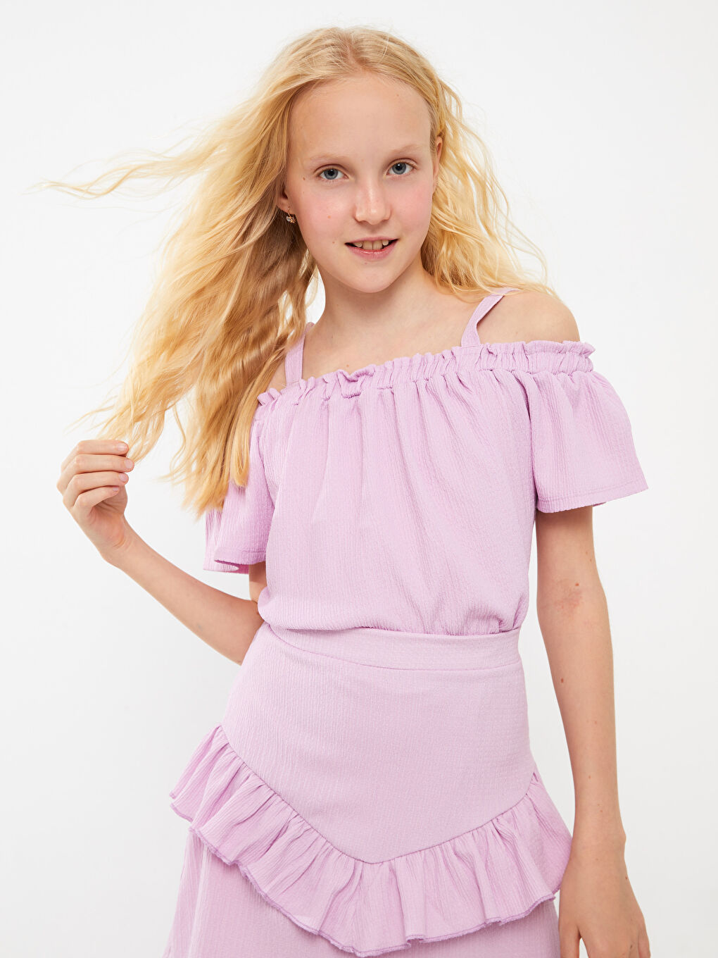 Lila Kayık Yaka Kısa Kollu Kız Çocuk Tişört