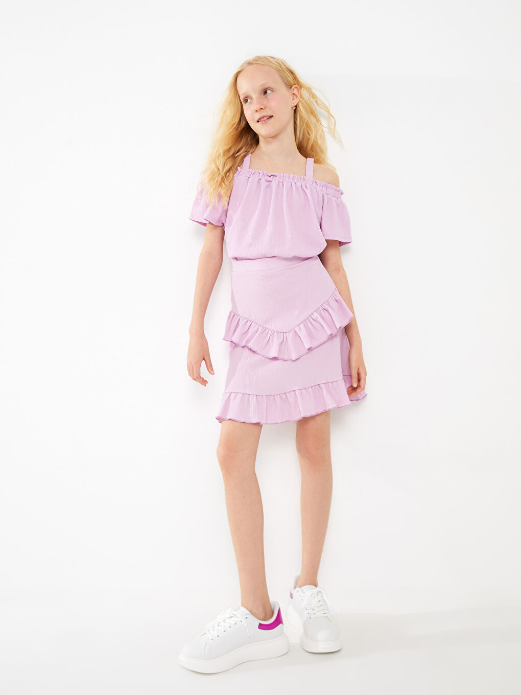 Lila Kayık Yaka Kısa Kollu Kız Çocuk Tişört-1