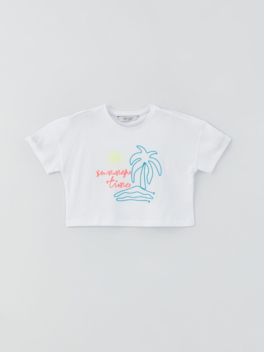 Beyaz Bisiklet Yaka Baskılı Kısa Kollu Kız Çocuk Crop Tişört-2