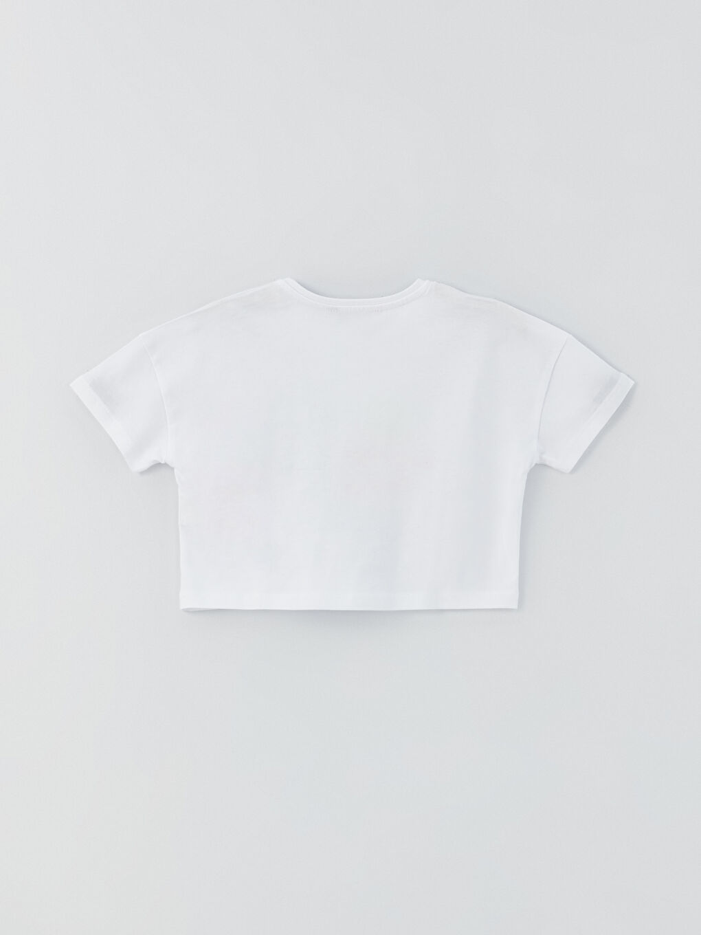Beyaz Bisiklet Yaka Baskılı Kısa Kollu Kız Çocuk Crop Tişört-3