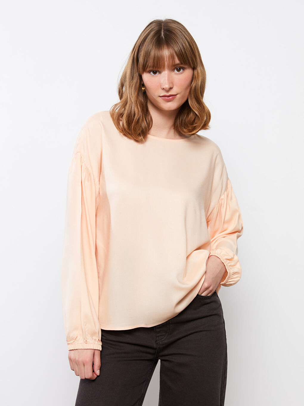 Crew Neck Regular Long Sleeve Poplin Women's Blouse