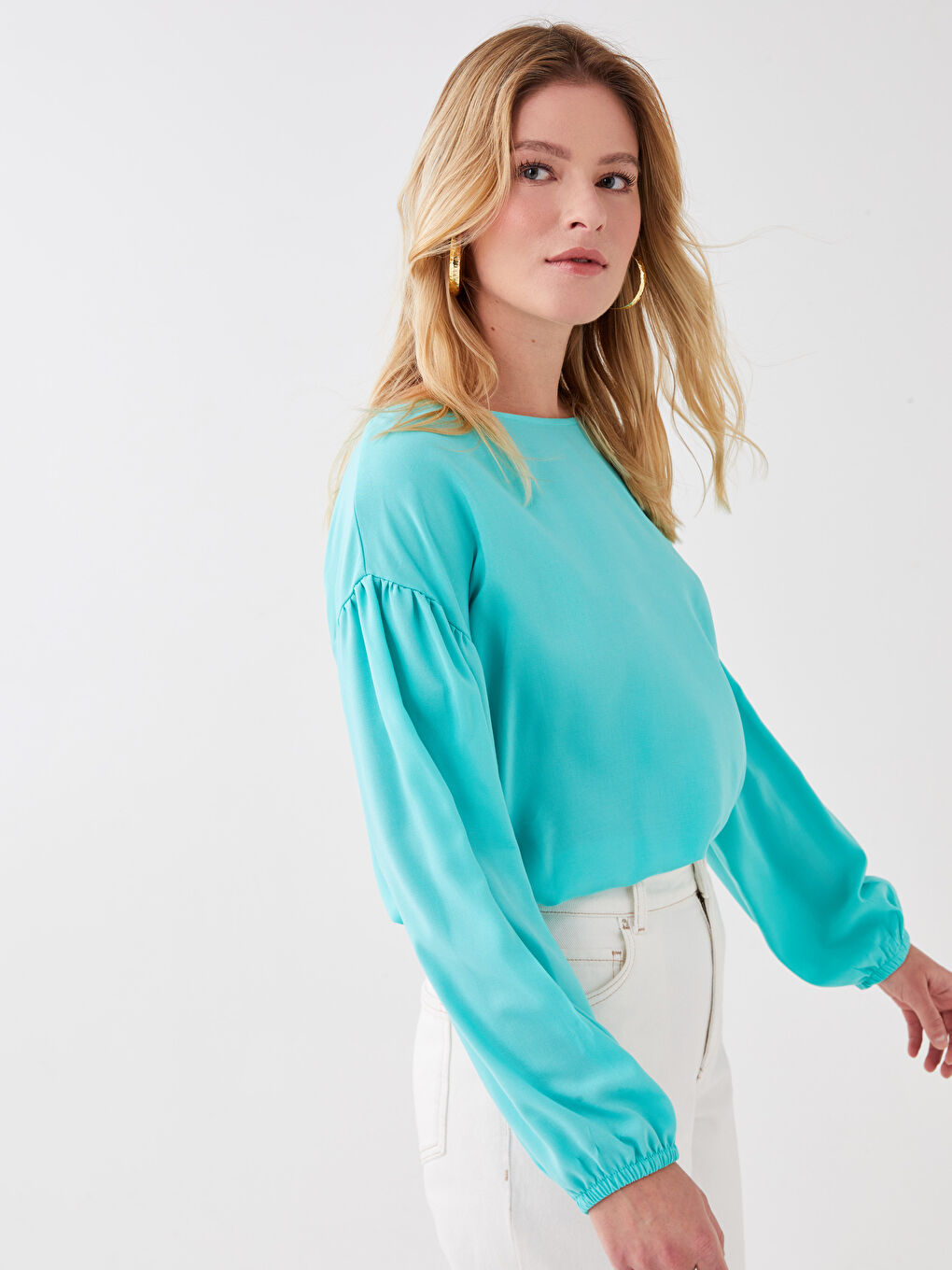 Crew Neck Regular Long Sleeve Poplin Women's Blouse-1