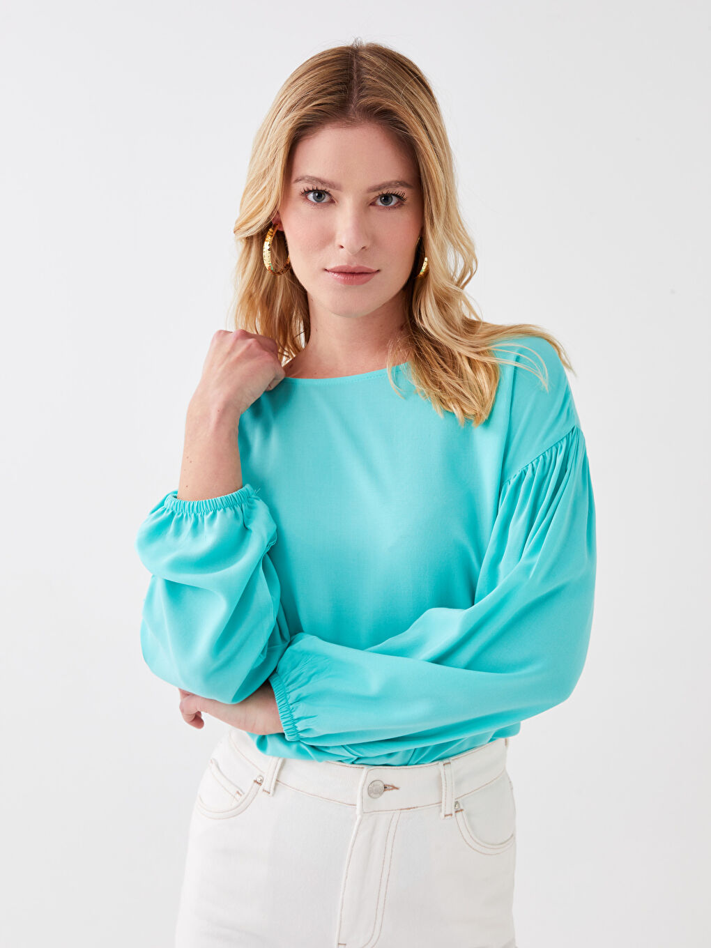 Crew Neck Regular Long Sleeve Poplin Women's Blouse-2