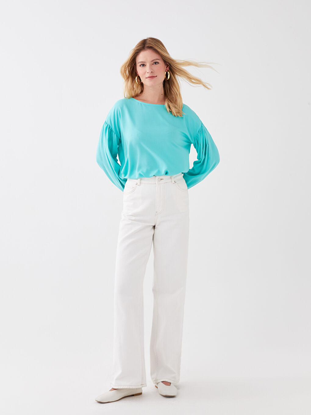 Crew Neck Regular Long Sleeve Poplin Women's Blouse-3