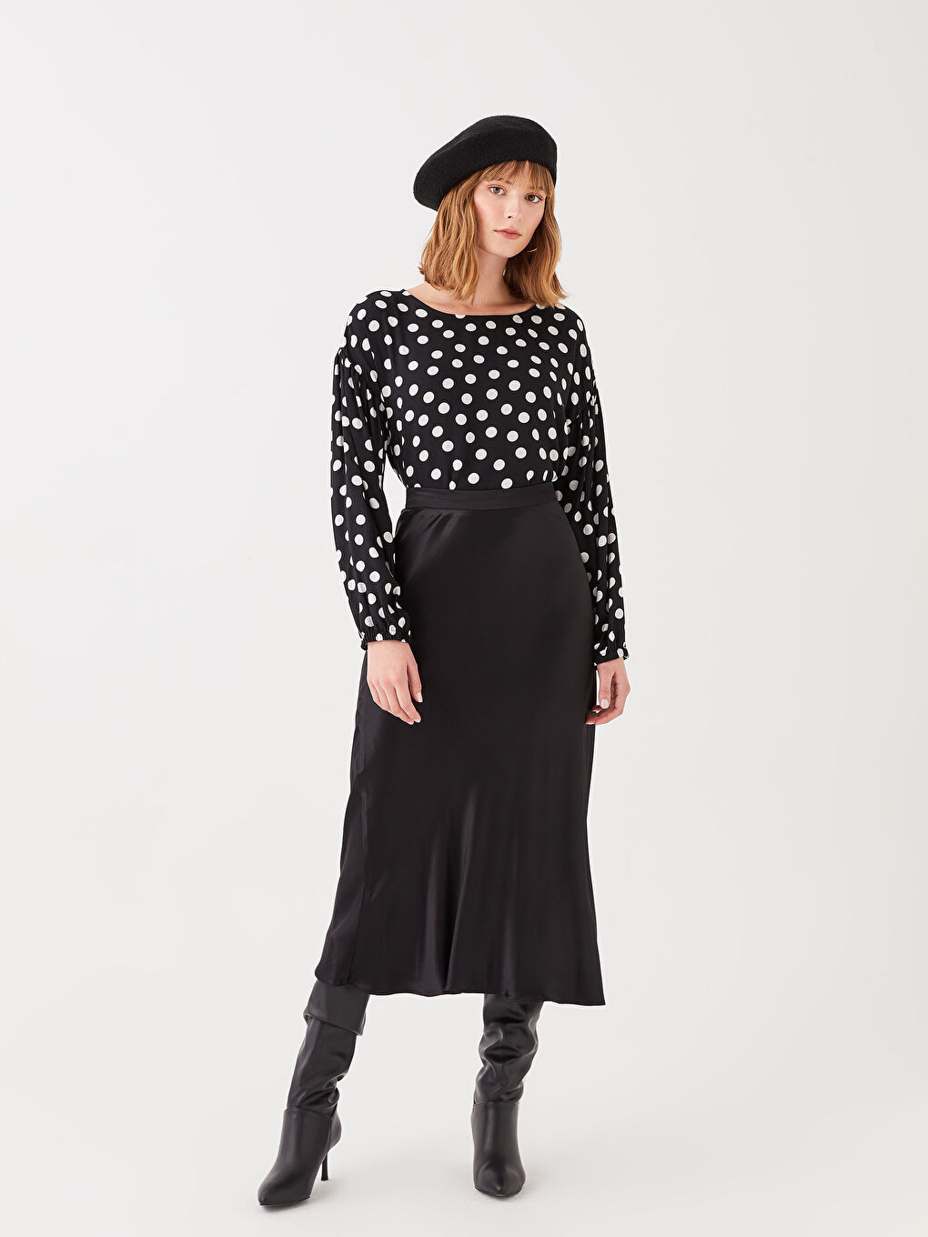 بلوزة بوبلين كم طويل بنقشة البولكا دوت بياقة دائرية للسيدات-2