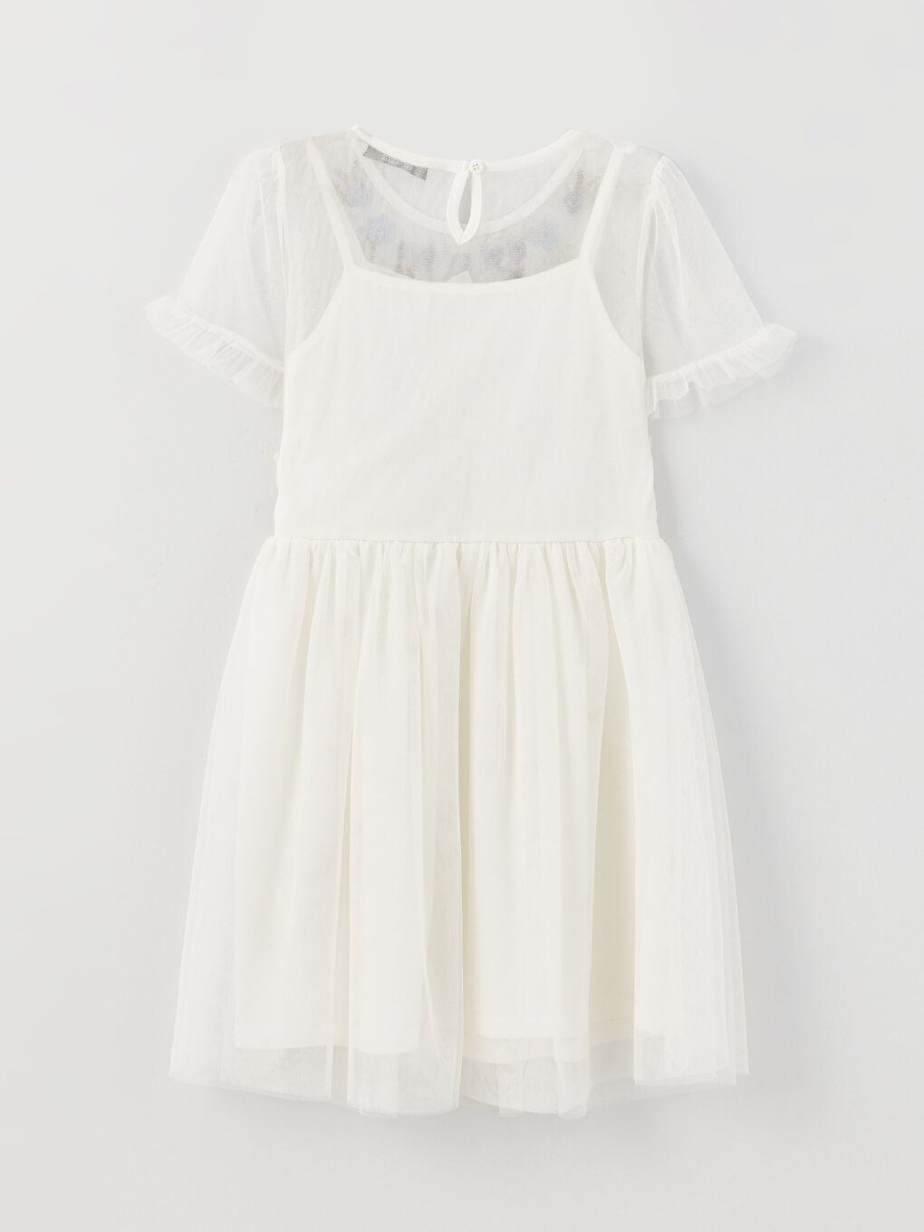 Ekru Bisiklet Yaka Nakış Detaylı Kısa Kollu Kız Çocuk Elbise-1