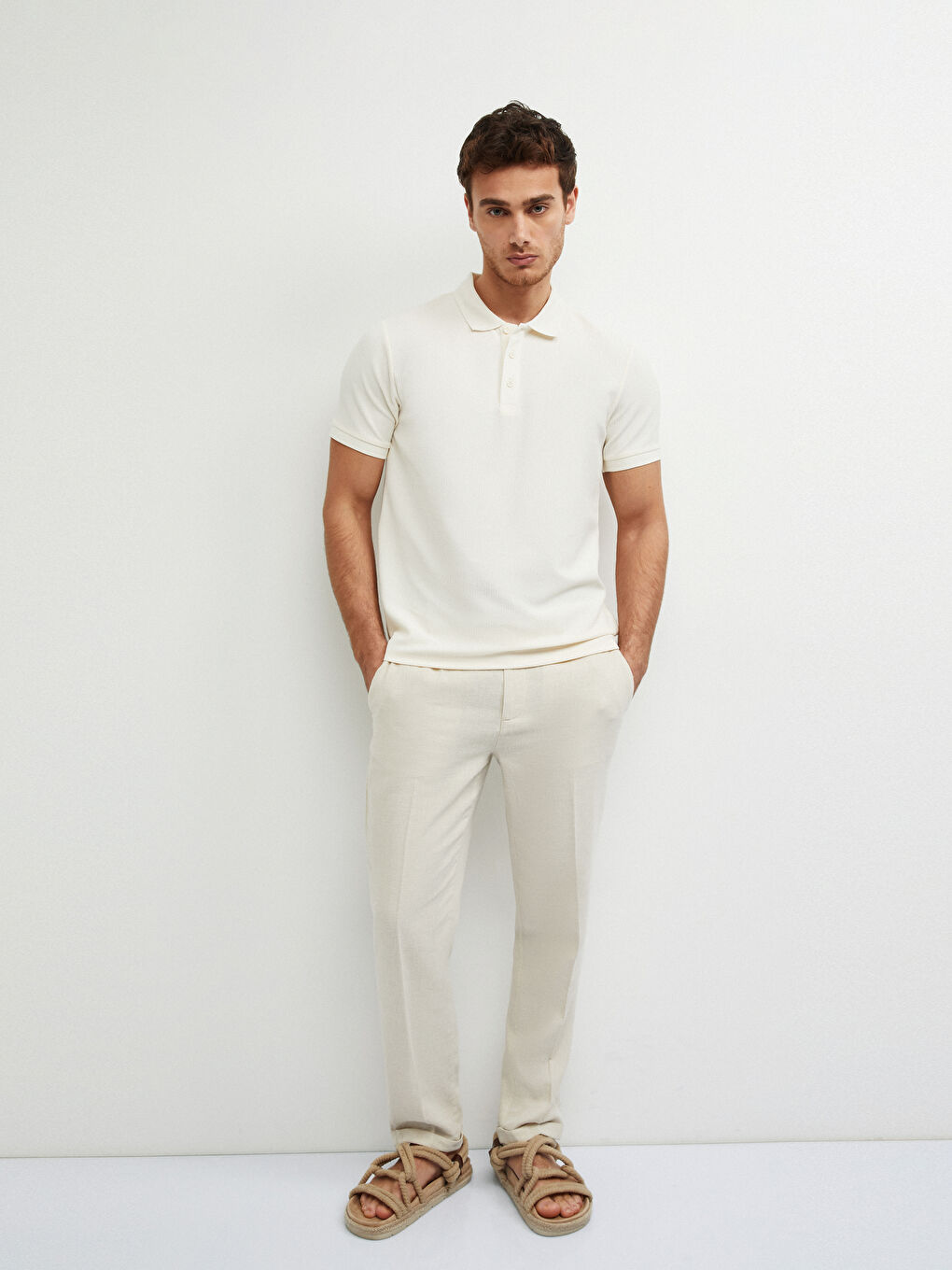 Bej Slim Fit Keten Karışımlı Erkek Pantolon-1