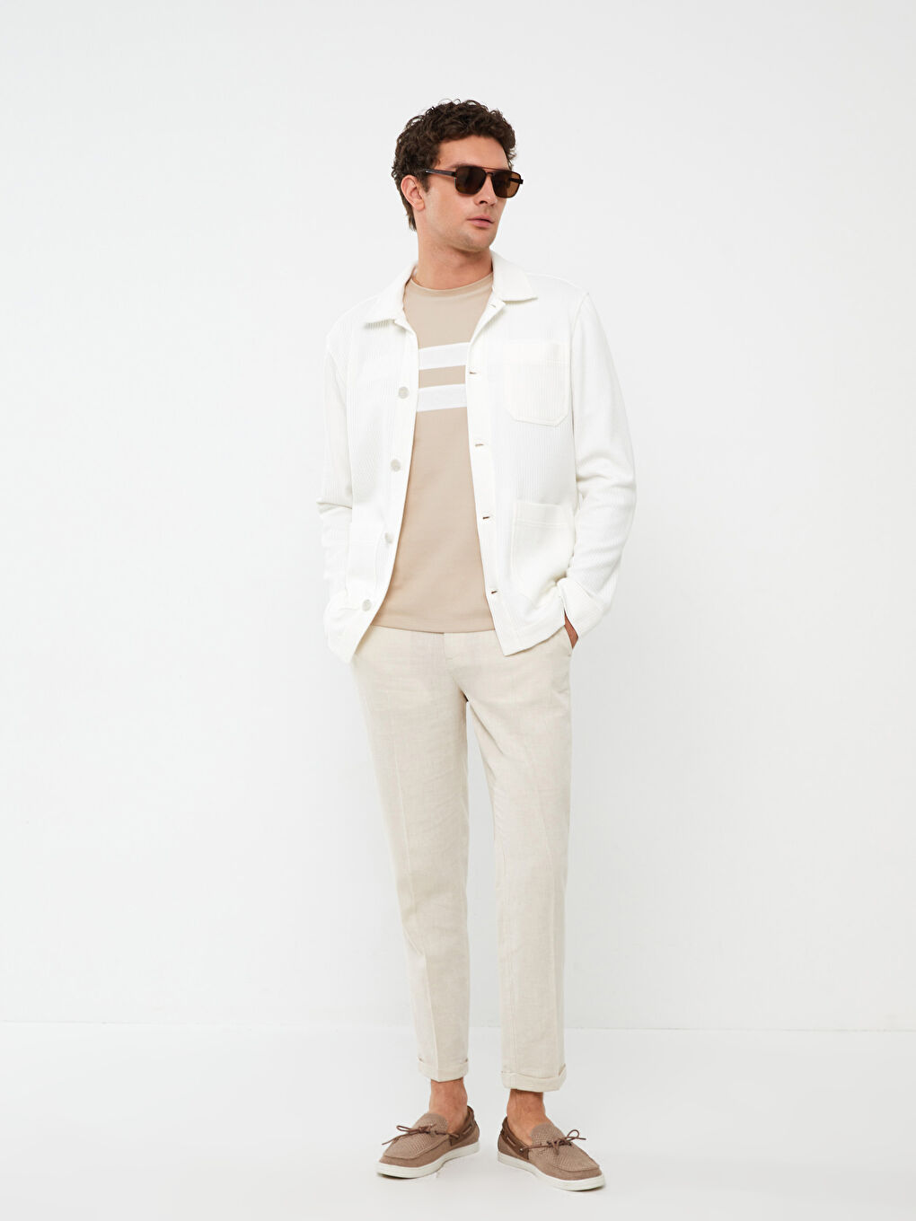 Bej Slim Fit Keten Karışımlı Erkek Pantolon-3