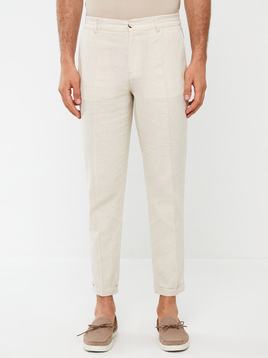 Bej Slim Fit Keten Karışımlı Erkek Pantolon-4