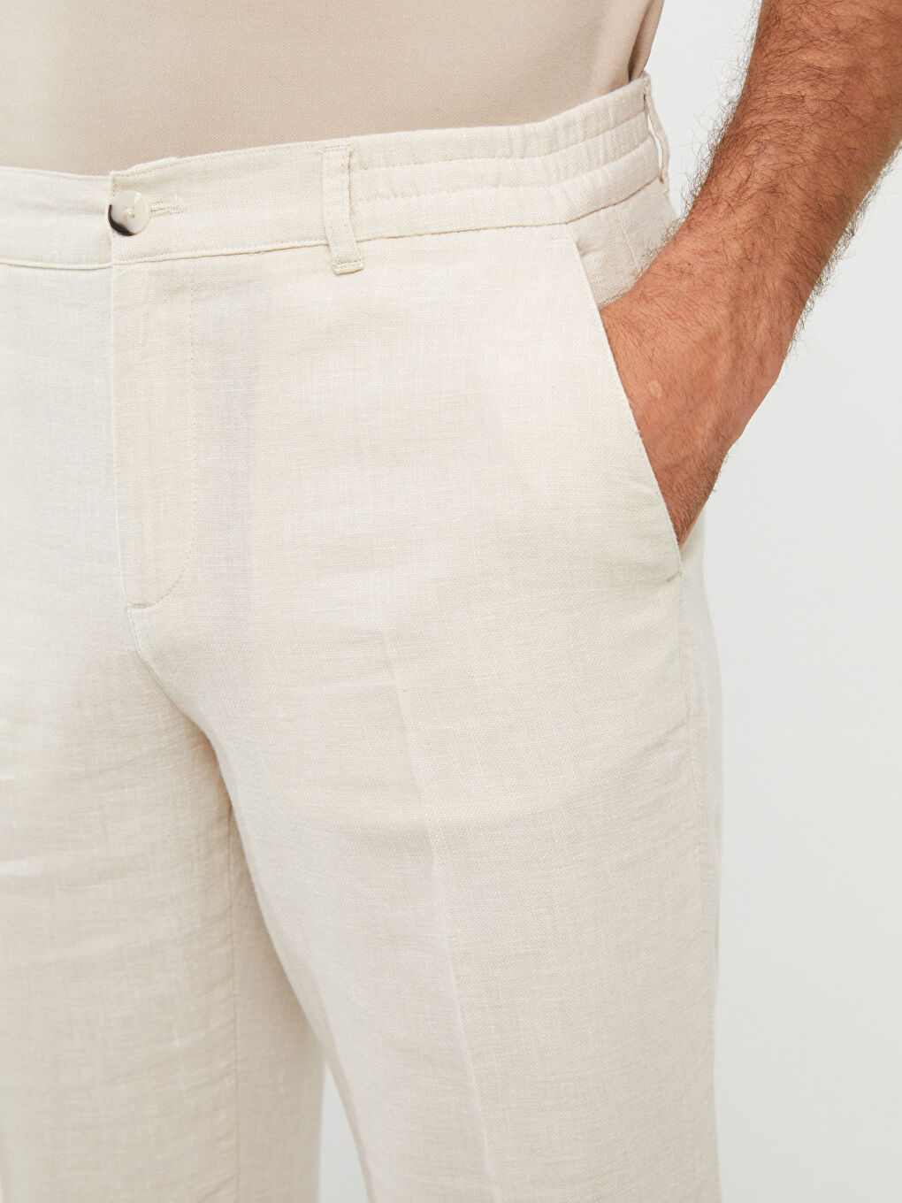 Bej Slim Fit Keten Karışımlı Erkek Pantolon-5
