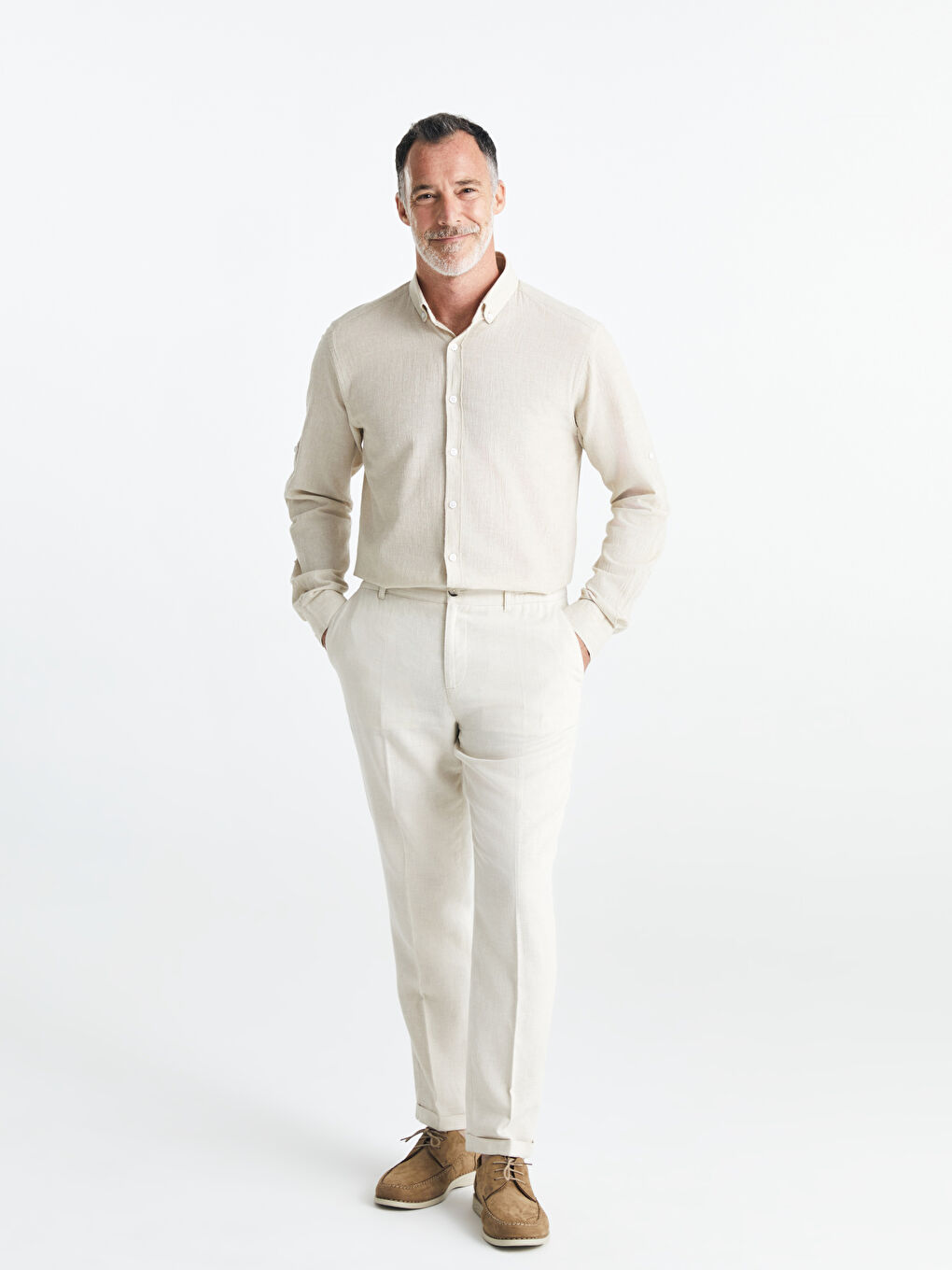 Bej Slim Fit Keten Karışımlı Erkek Pantolon