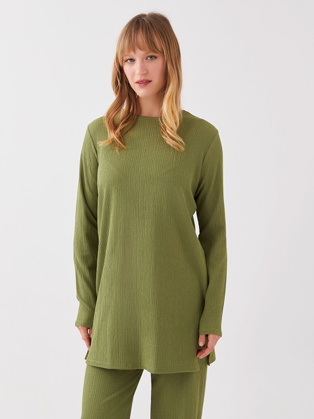 Yeşil Kadın Bisiklet Yaka Uzun Kollu Tunik