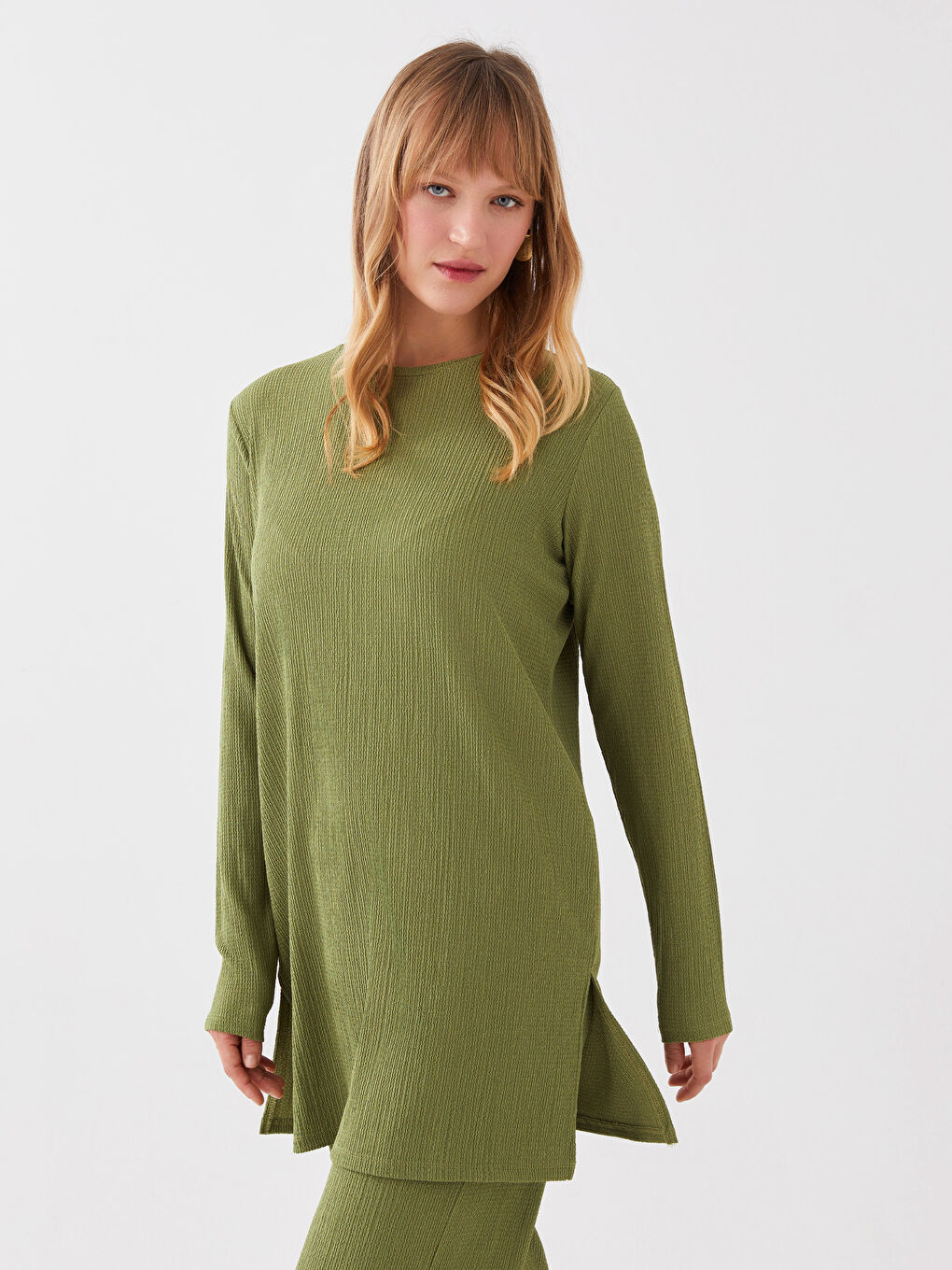 Yeşil Kadın Bisiklet Yaka Uzun Kollu Tunik-1