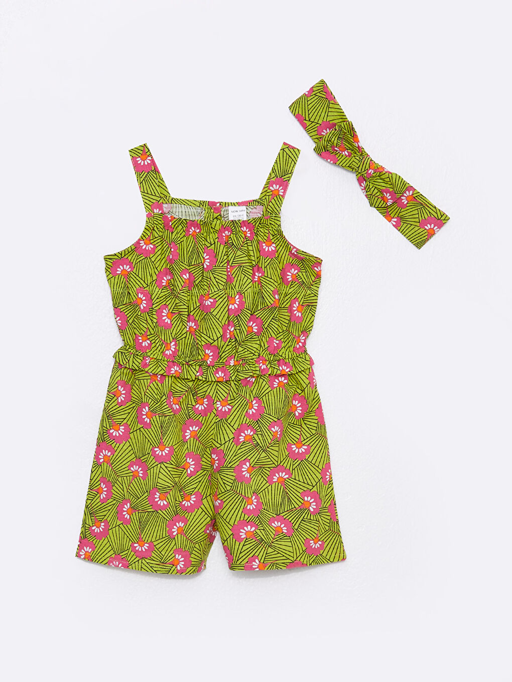 Square Collar Printed Baby Girl Salopette and Headband 2-Piece Set