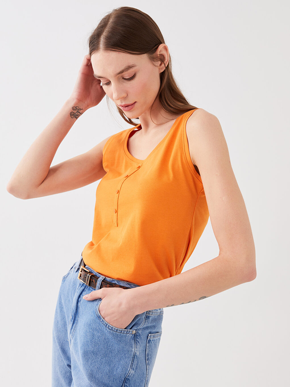 Turuncu Kadın U Yaka Düz Atlet-1