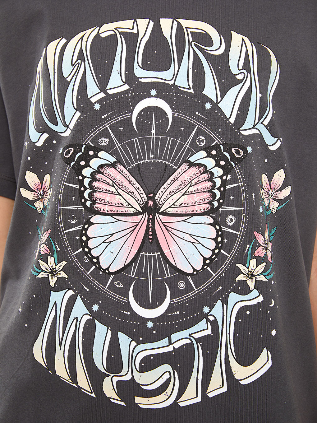 Antrasit Bisiklet Yaka Baskılı Kısa Kollu Kadın Tişört-3