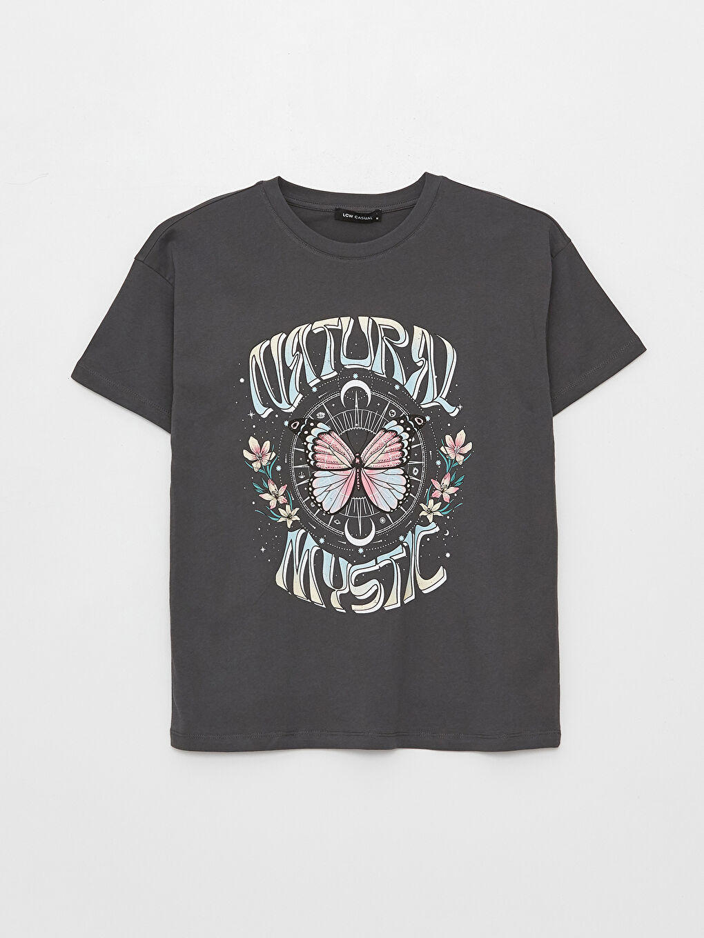 Antrasit Bisiklet Yaka Baskılı Kısa Kollu Kadın Tişört-5