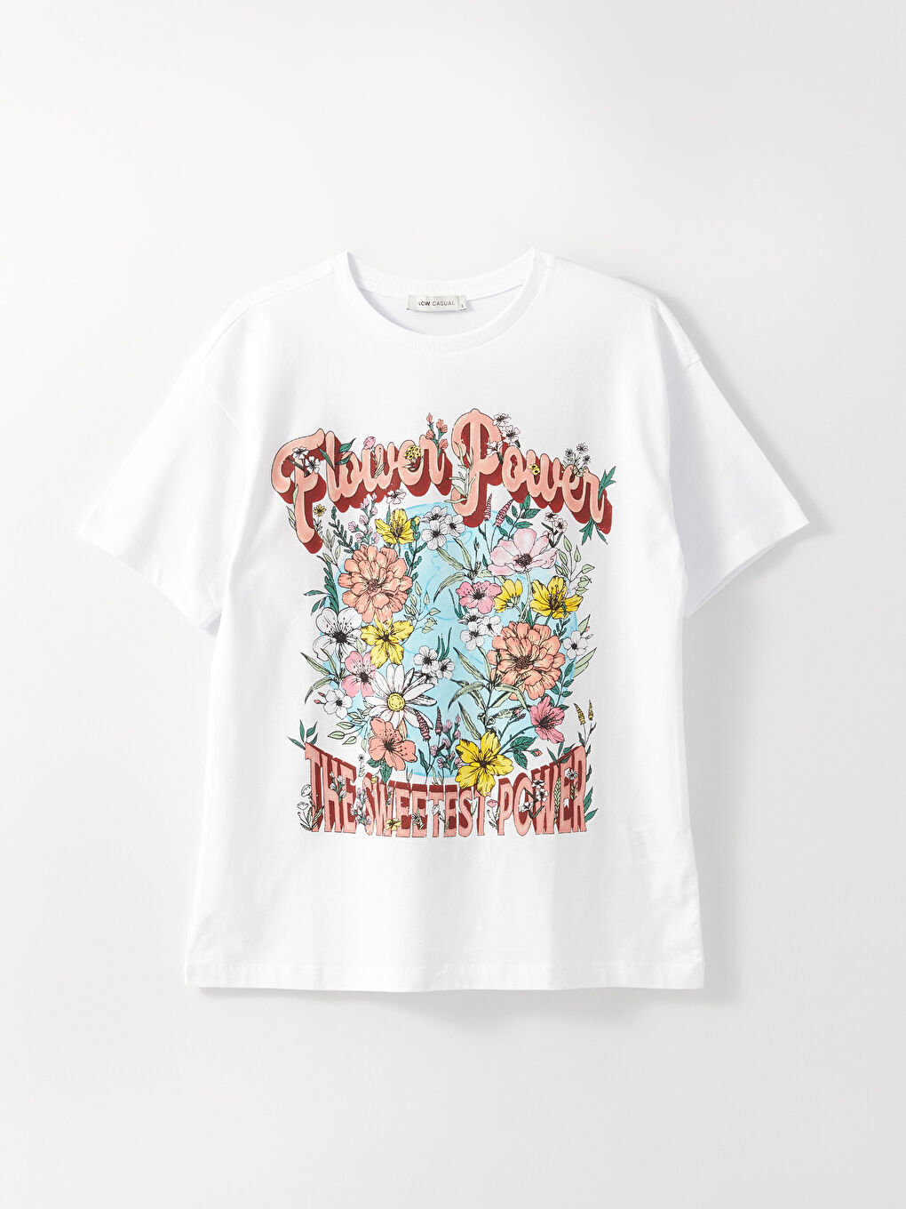 Beyaz Bisiklet Yaka Baskılı Kısa Kollu Kadın Tişört-4