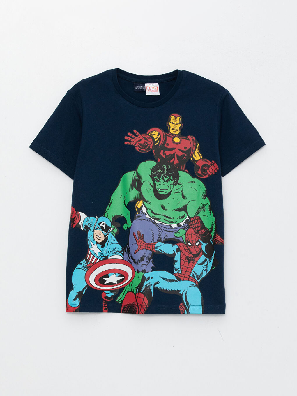 Lacivert Bisiklet Yaka Avengers Baskılı Kısa Kollu Erkek Çocuk Tişört