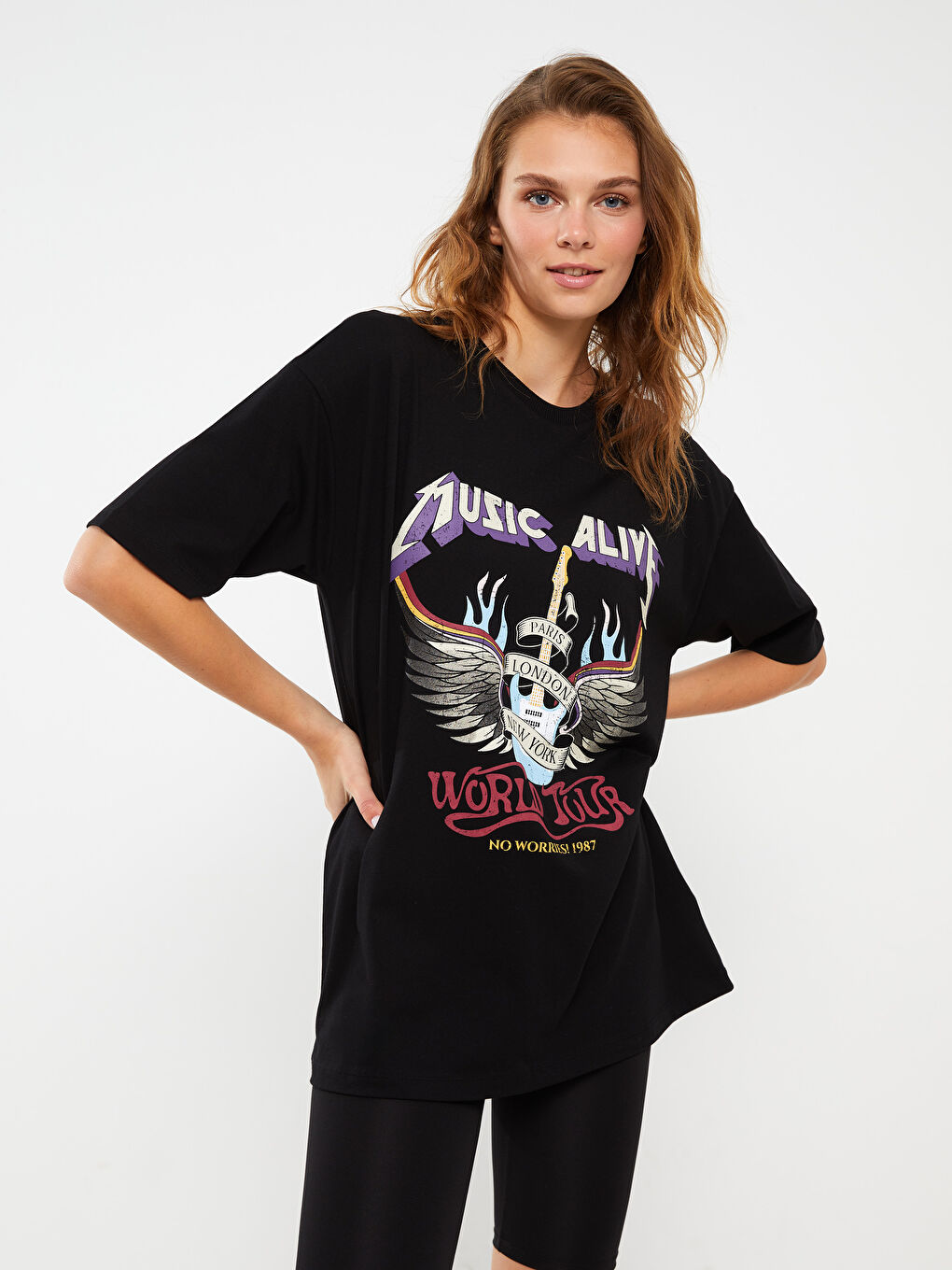 LCW Vision Crew Neck Printed Short Sleeve Oversize Women's T