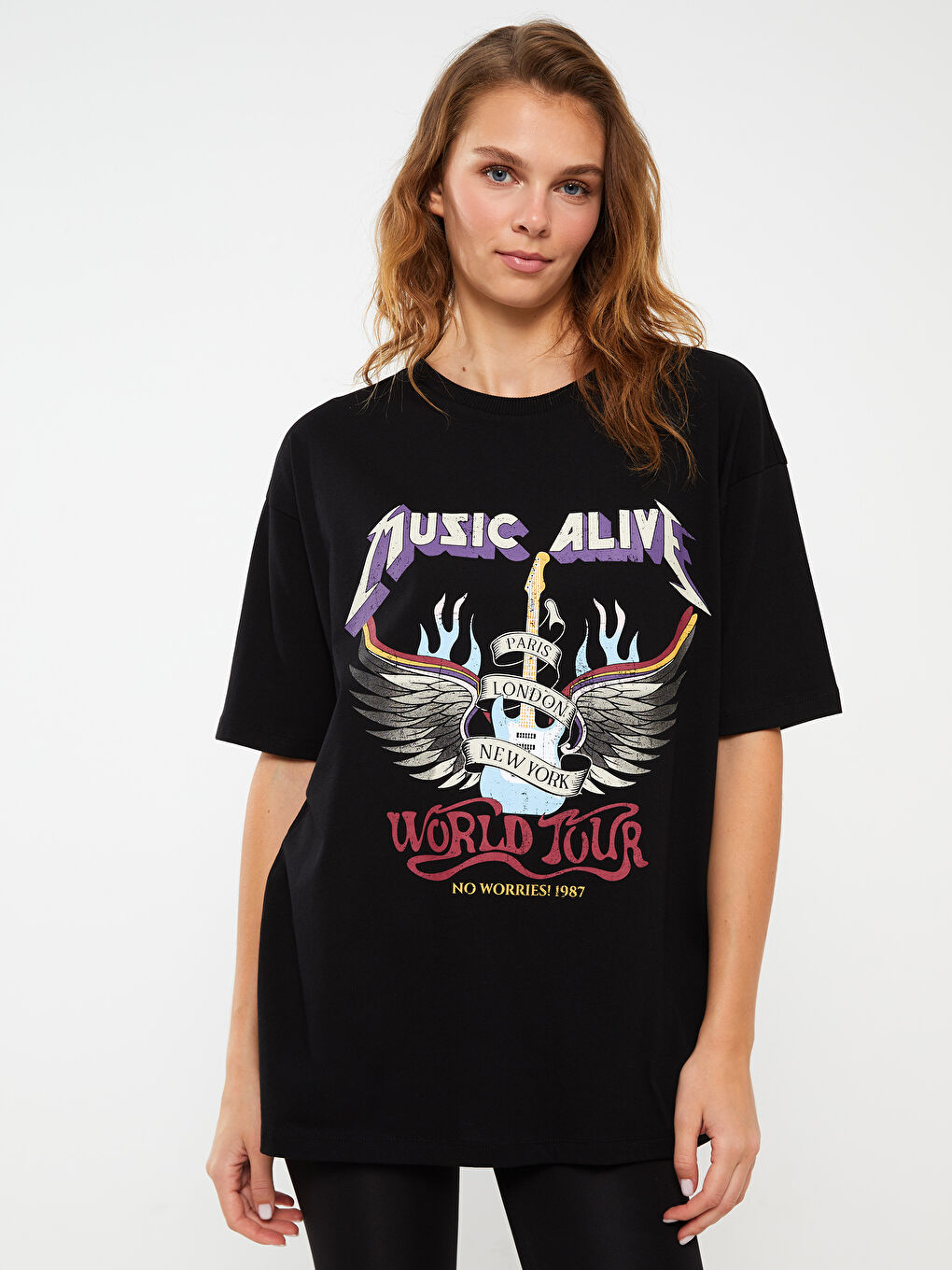 Tricou Supradimensionat cu Mânecă Scurtă și Imprimeu, Guler Rotund pentru Femei-1