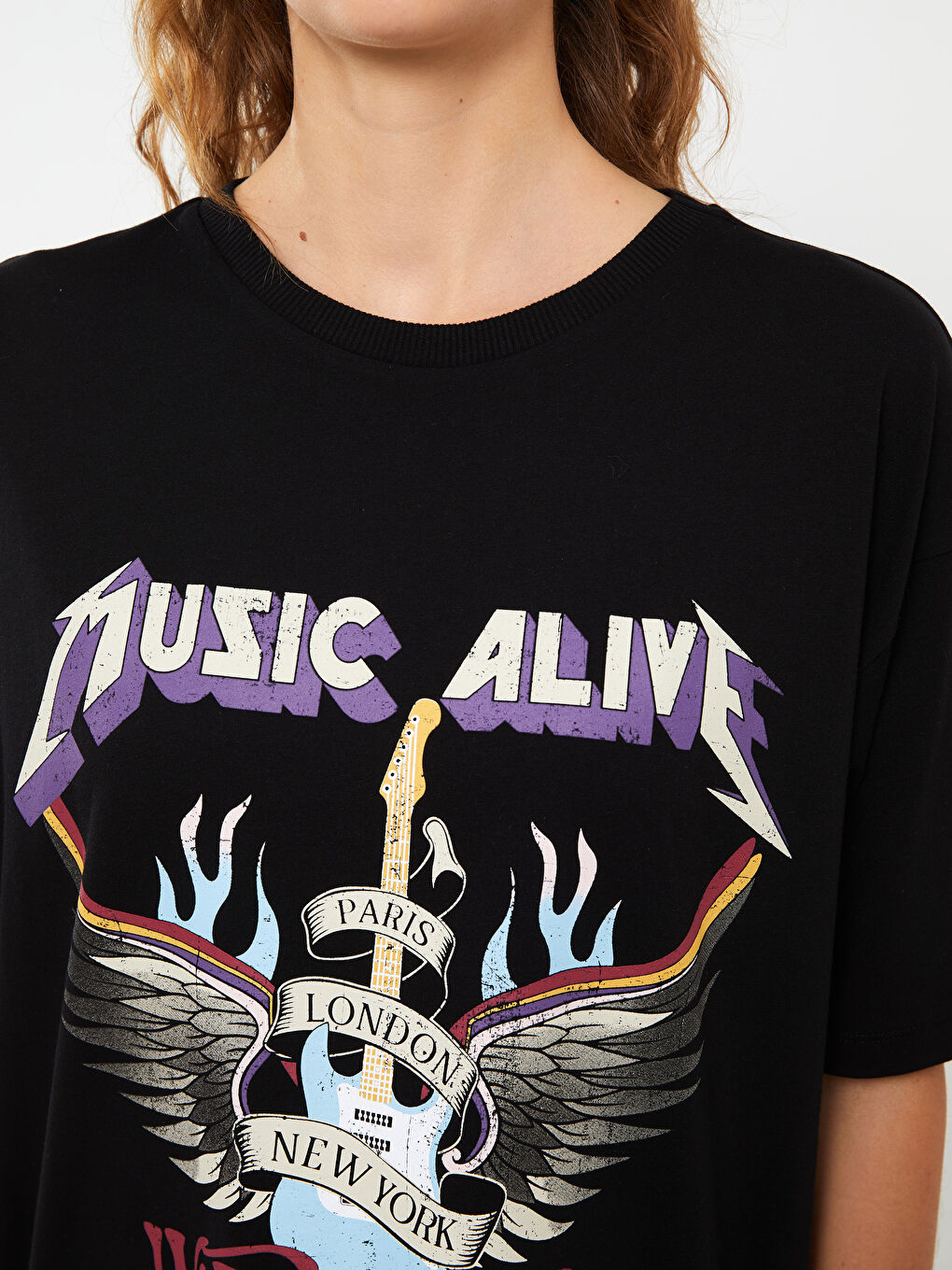 Tricou Supradimensionat cu Mânecă Scurtă și Imprimeu, Guler Rotund pentru Femei-3