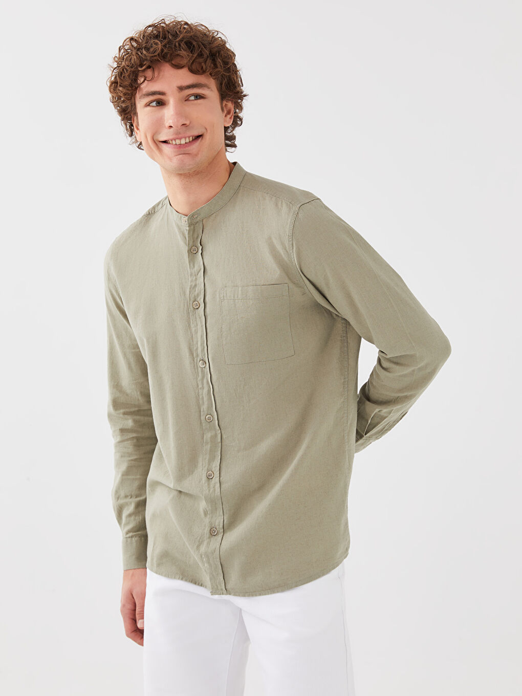 Yeşil Regular Fit Hakim Yaka Uzun Kollu Erkek Gömlek