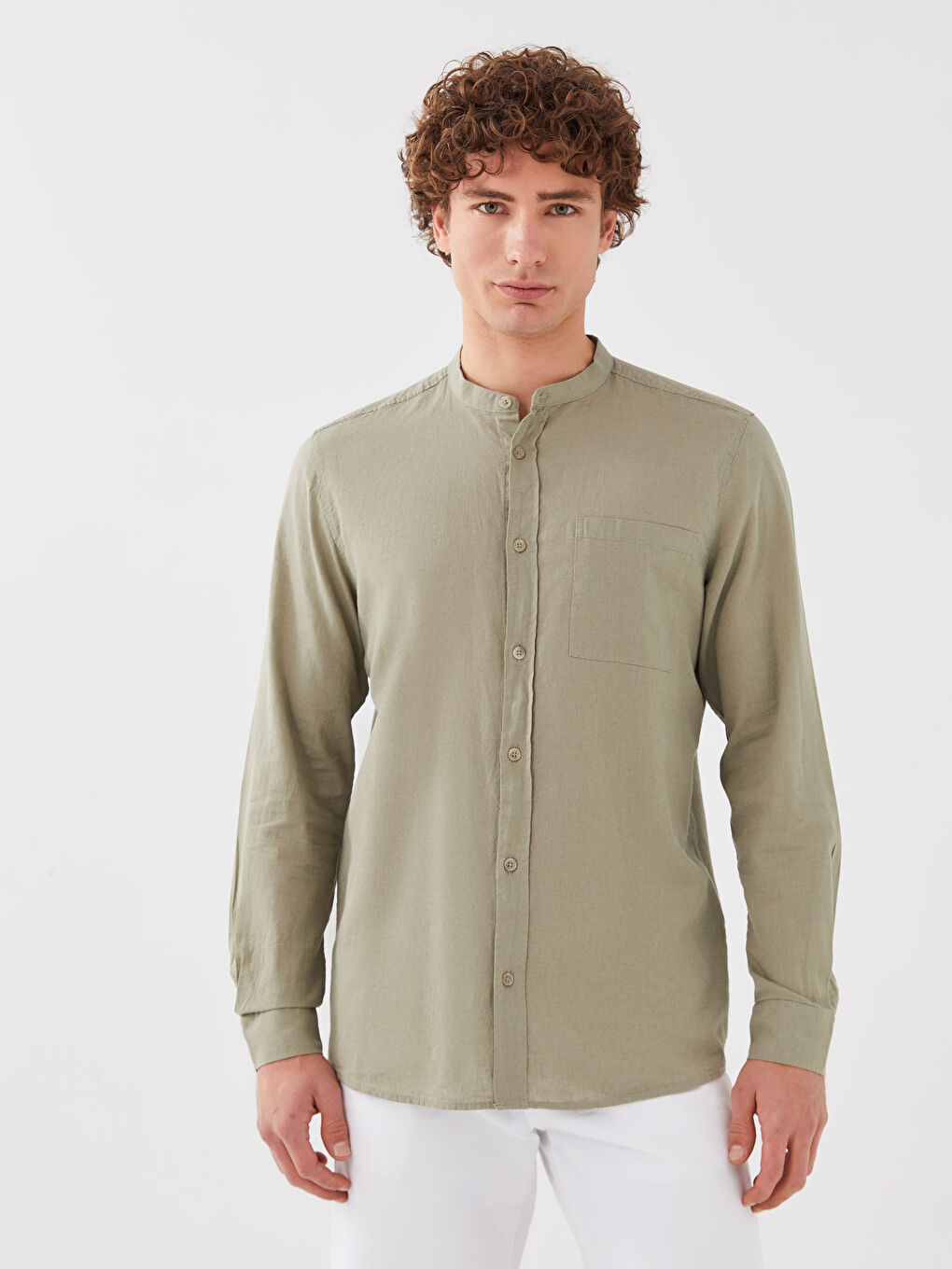 Yeşil Regular Fit Hakim Yaka Uzun Kollu Erkek Gömlek-1