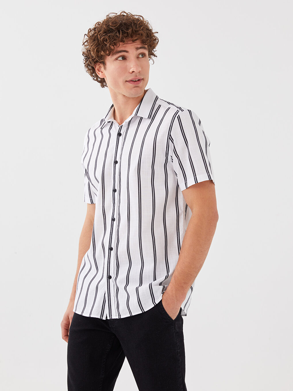 Regular Fit Short Sleeve Striped Poplin Men's Shirt