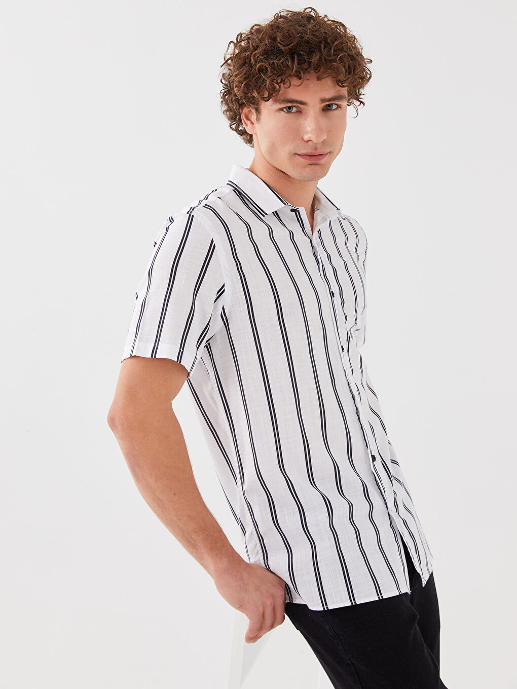 Regular Fit Short Sleeve Striped Poplin Men's Shirt-1