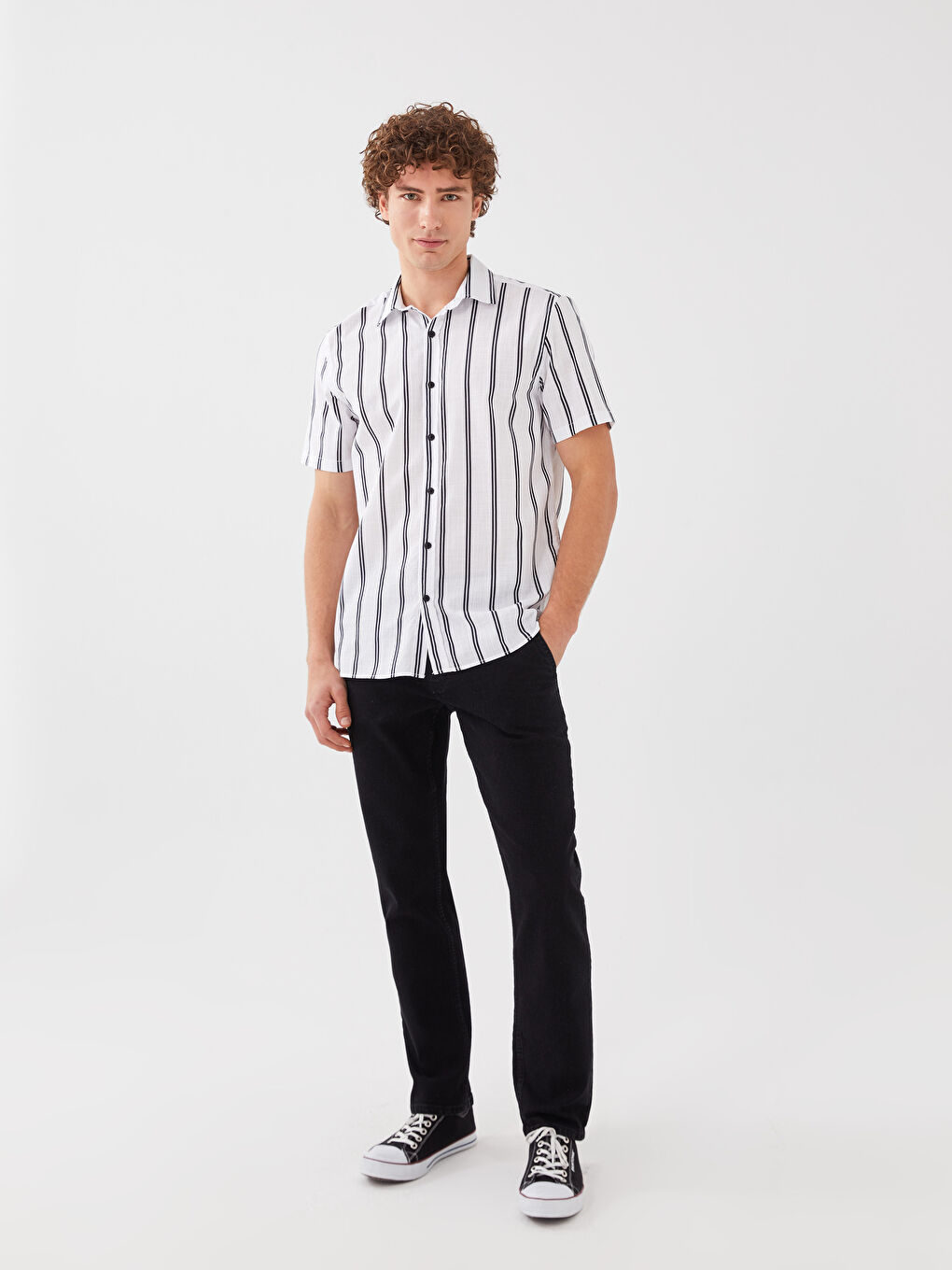 Regular Fit Short Sleeve Striped Poplin Men's Shirt-2