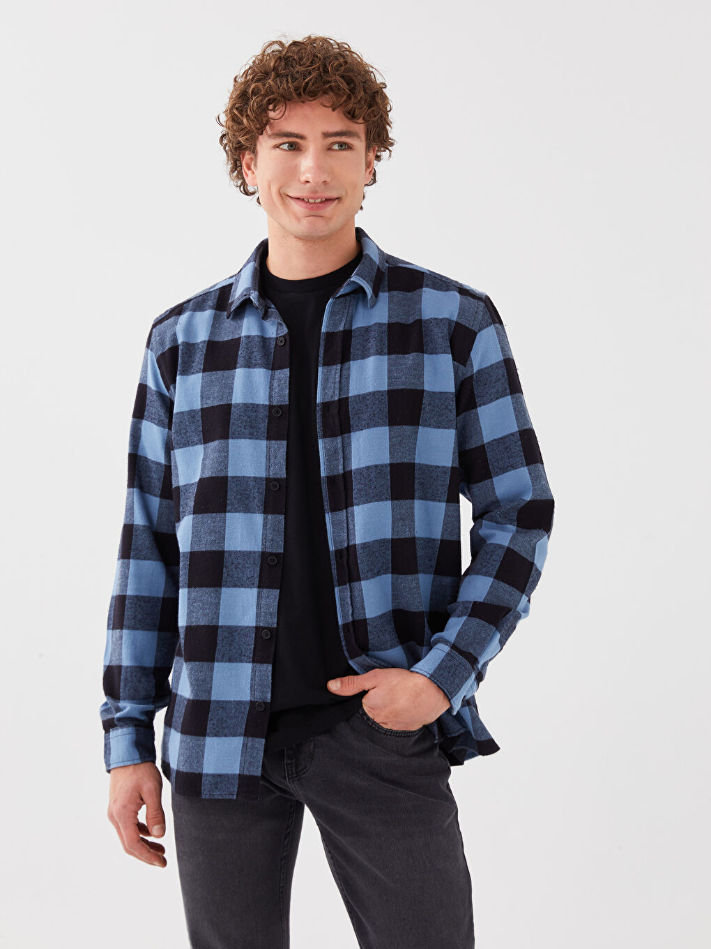 Lacivert Regular Fit Uzun Kollu Ekose Erkek Oduncu Gömlek-1