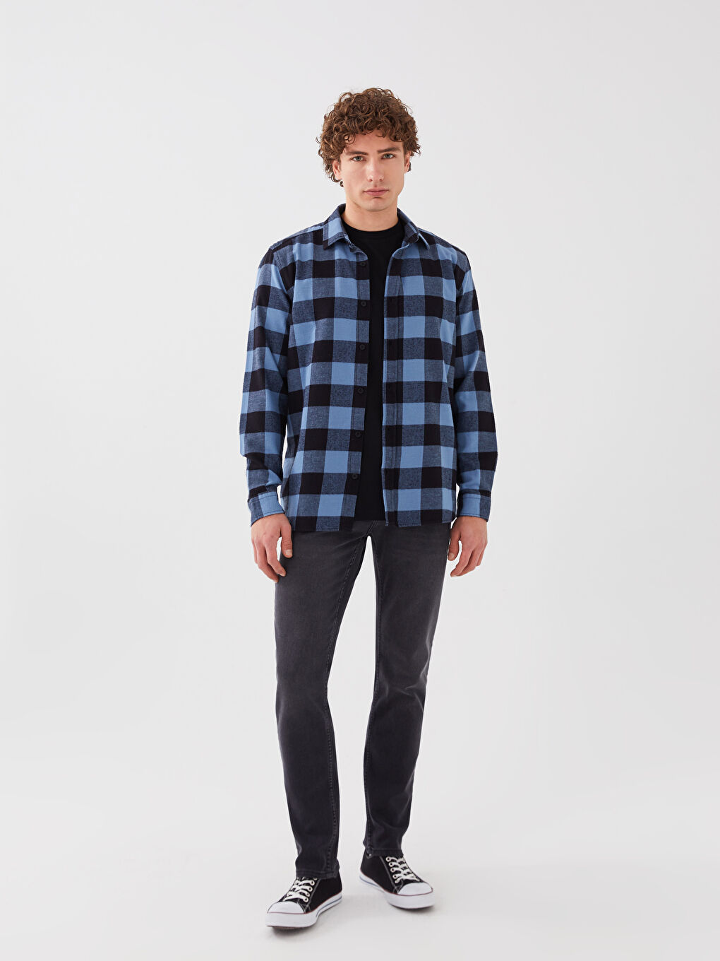 Lacivert Regular Fit Uzun Kollu Ekose Erkek Oduncu Gömlek-2