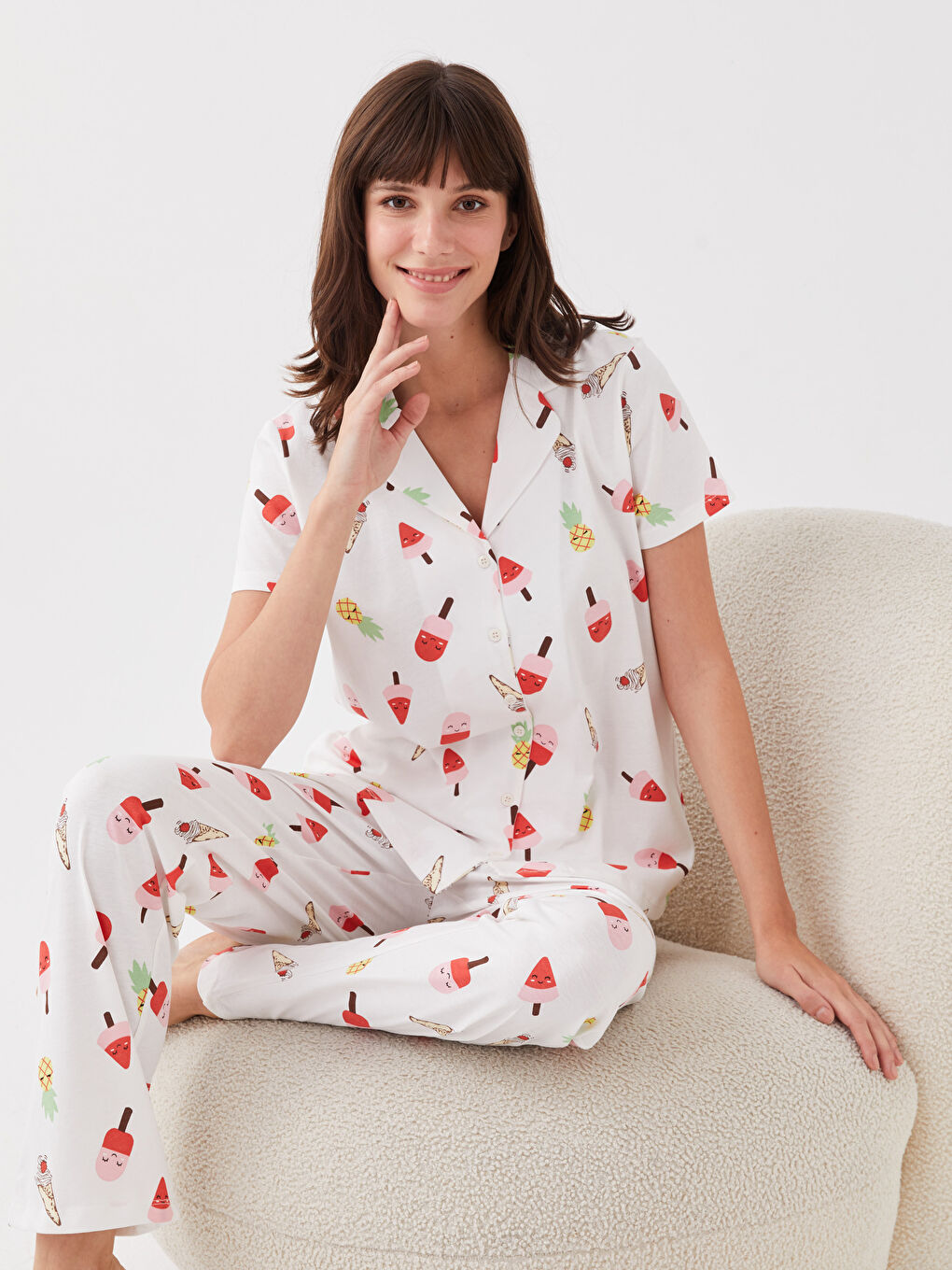 Shirt Collar Patterned Short Sleeve Women's Pyjama Set