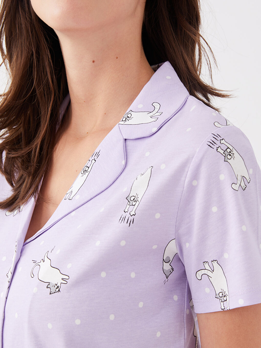 Lila Gömlek Yaka Desenli Kısa Kollu Kadın Pijama Takım-3