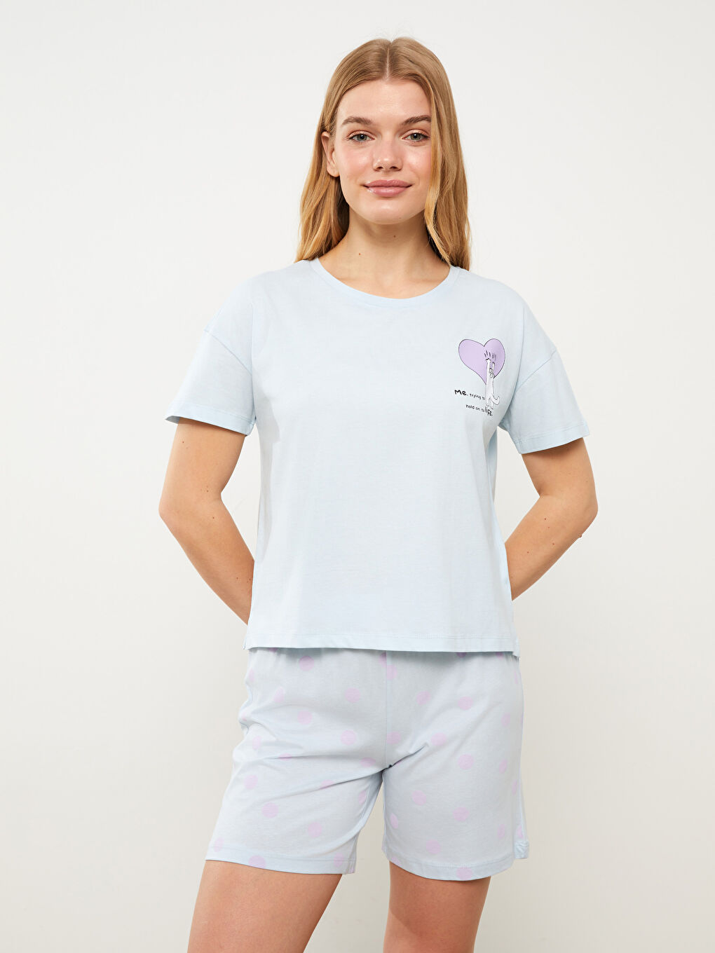 Mavi Bisiklet Yaka Baskılı Kısa Kollu Kadın Şortlu Pijama Takımı-1