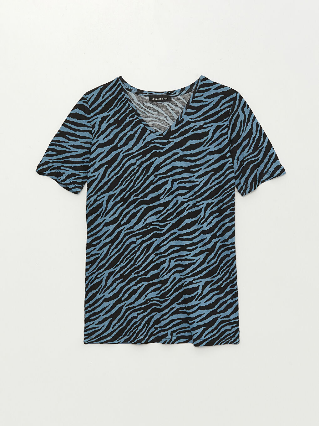 Mavi Kadın V Yaka Desenli Kısa Kollu Tişört-5