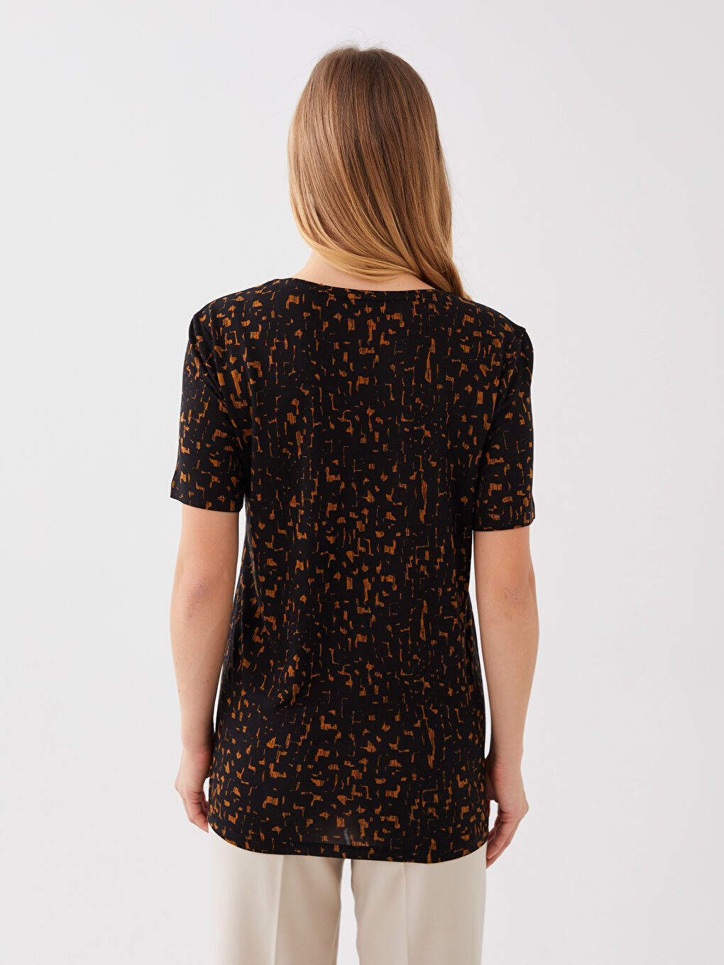 Women's V-Neck Patterned Short Sleeve T-Shirt -S3BI19Z8-LQY