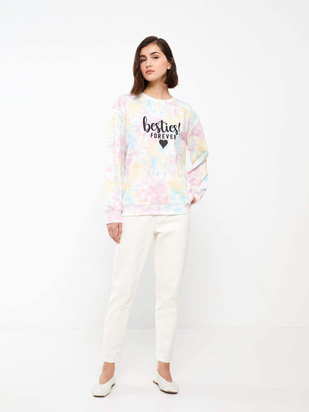 Karışık Bisiklet Yaka Baskılı Uzun Kollu Kadın Sweatshirt Anne Kız Kombini-2